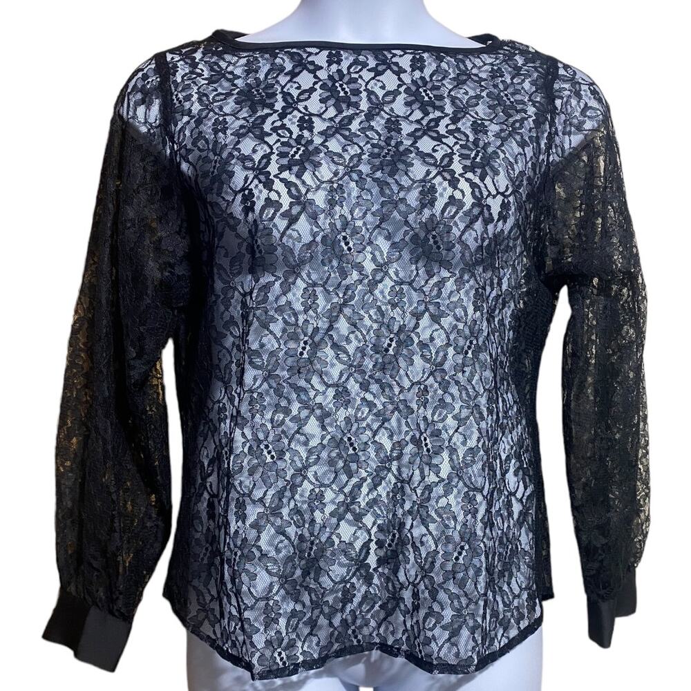 Vintage BETHANY black sheer lace long sleeve blouse - Size 13/14